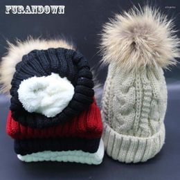 Winter Pompon Beanies Cap Women Real Raccoon Fur Hat Thick Knitted Fleece Liner Caps Warm Russian Hats Beanie/Skull Oliv22