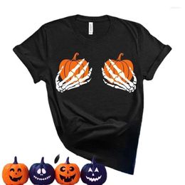 Women's T-Shirt 2022 Halloween Jacket Pumpkin Skeleton Hand Printed Goth Graphic Tee Shirts For Women Y2k Tops Vintage