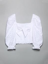 tops ties UK - Women's Blouses & Shirts Summer For Women 2022 3 4 Sleeve Sweetheart Neck Tie Bow Smocked Crop Top Frill Trim Cutwork Embroidery White Blous