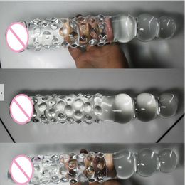 12*2.2 inch large glass dildo +3 anal beads,huge double dong fake penis dick,giant s for woman lesbian gay sexy toys