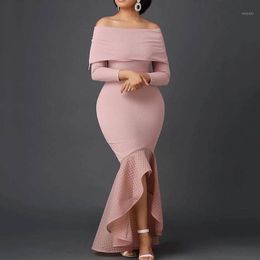 Off Shoulder Ruffled Long Mermaid Dress Plus Size Evening Party Dresses Pink Elegant Women African Vintage Maxi Casual