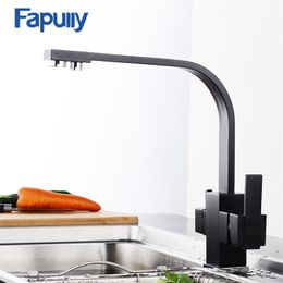 Fapully Black Kitchen Faucet Modern Philtre Water 3 Way Drinking Water Dual Holder Cold and Hot Brass Faucet Mixer Tap 57333B T200810