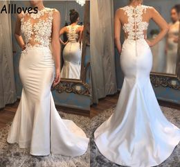 Jewel Neck Elegant Satin Modest Wedding Gowns With Sweep Train Mermaid Lace Appliqued Sleeveless Boho Garden Bridal Dress Illusion Buttons Back Vestidos CL0674