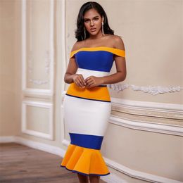 Ocstrade New Arrivals Bandage Dresses Off Shoulder Celebrity Bandage Dresses Yellow Midi Bodycon Mermaid Party Dresses 210302