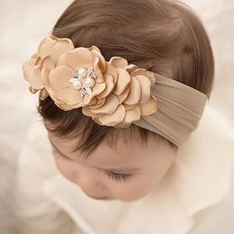 Diamond Pearl Flower Headband Baby Girls Chiffon Hair Flower Nylon Turban Soft Turbantes Para Bebes Kids Headbands
