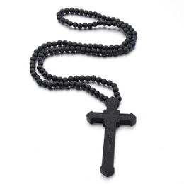 Pendant Necklaces Jesus Carved Pattern Wood Beads Chain Cross Necklace Christian Religious Prayer Christmas Jewellery GiftsPendant