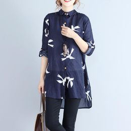 Women's Blouses & Shirts Autumn Women Tops And Cotton Linen Long Sleeve Irregular Print Thin Vintage Shirt Female Tunic OS267Women's