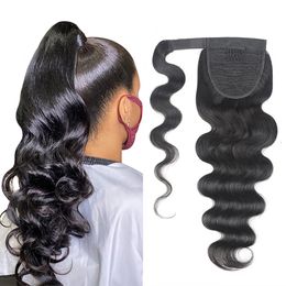 Body Wave Ponytail Human Hair Wrap Around Ponytails Extensions Remy Clip in Hair-Extensions Natural Color