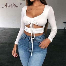 ArtSu Solid Colour Sexy Women Ruched Tie Up Crop Top Casual Long Sleeve Skinny T Shirt Autumn Cut Out Black Red White Tops 220714