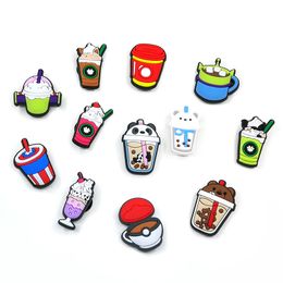 moq 100pcs tea with milk coffee cup cute cartoon pattern croc charms 2D Soft rubber lovely Shoe accessories Shoes Buckles charm Decorations fit garden shoes