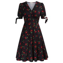 Belle Poque Women's Summer Floral Cherry Print A Line Short Midi Dress Sleeve V-Neck Flared A-Line Sundress A30 220504