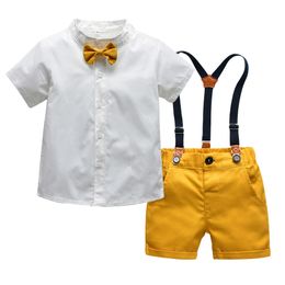 Kids Cotton Clothes Gentleman Formal Suits Bow Tie Short Sleeve Tops Pants Little Boys Wedding Party Clothing Set