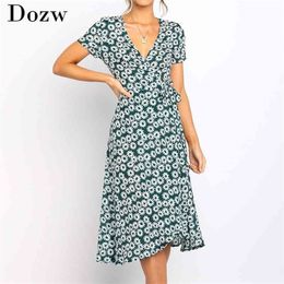 Women Summer Long Dress Boho Style Floral Print Beach Dress Short Sleeve Elegant Party Dress Bodycon Sundress Vestidos XXL 210414