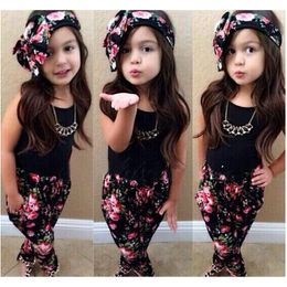 Summer Kids Girls Clothes Sleeveless Black Vest Floral Pants Scarf Children Fashion Style 3pcs Girl Clothing Sets 220507