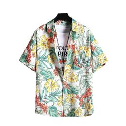 Men's Casual Shirts Summer Beach Shirt Men Tees Short Sleeve Clothes Leaf Fruit Print T-shirt Button Up Top Male Undies Plus Size OvershirtM