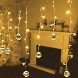 Strings Led Curtains Icicle Lights Droop 0.3/0.4/0.5M Balls Moroccan Hollow Metal Ball Garland For Home Window Christmas DecorationsLED