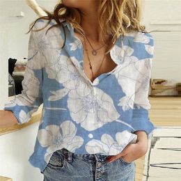 Cotton Linen Vintage Flower Print Lapel Long Sleeve Women Tops Casual White Oversized Button Up Shirt Top Blusas de Mujer 220707