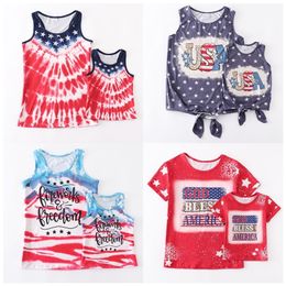 Girlymax Independence Day July 4th Baby Girls Mommy me Boutique Knot Top Bleached TShirts Clothes Short Sleeve Sleeveless 220531