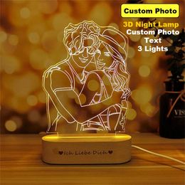 Personalised Po 3D Lamp Custom PictureText Night Light with Wooden Base For Wedding Christmas Mothers Fathers Day Gift 220623