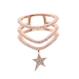 Cluster Rings Rose Gold Colour Multi Wrap Pave Cz Star Charm Fashion Elegant Jewellery Size 7 Women OL Lady Full Finger RingCluster