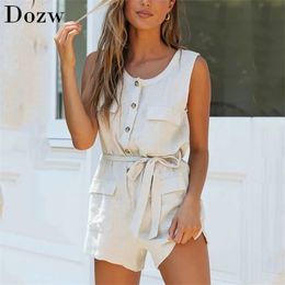 Summer Casual Beige Colour Jumpsuit Women Cotton And Linen Office Jump Suit O Neck Sleeveless Jumpsuits With Belt 210515
