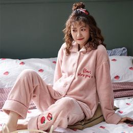 JULY'S SONG Women 2 Pieces Pajama Sets Flannel Winter Pajamas Long Sleeve Full Trousers Girl Sweet Warm Flannel Thick Homewear 201114