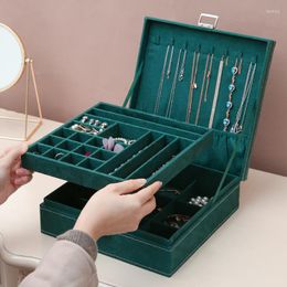 Gift Wrap 3layers Green Flannel Stud Jewelry Organizer Large Ring Necklace Makeup Holder Cases Velvet Box With Lock WomenGift