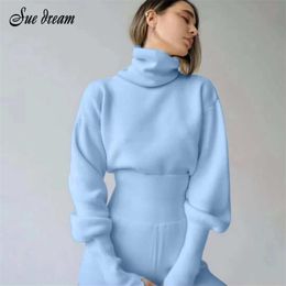 2020 Autumn New Women s Casual 2 Two piece High Neck Long Sleeve Knitted Sweater Pullover High Waist Pants Slim Sportswear Set LJ201117