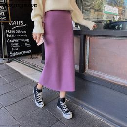 High Elastic Waist Women Long Skirt Knitted Pencil Wool Autumn Split s Female Black Winter Solid Knitting One-step 220322