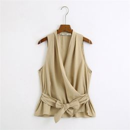 HSA Summer Blouse for Women Solid Colour Khaki Elegant Bow Tie OL Shirts Sleeveless V neck Drap Tops Formal Blusa Tops 210716