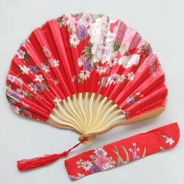 Party Favour Cherry Blossom Design Round Cloth Folding Hand Fan with Gift bag Wedding Gifts DH9