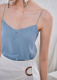 Women's T-Shirt Elfbop Sexy Silk & Hollow Out Embroidery Patchwork Camisole Top - Ladies White/Black/Blue Camis Vests Embroidered Detail