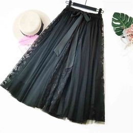 Fashion Tutu Tulle Skirt Women Long Maxi Skirt Korean Cute Bow High Waist Pleated Skirt Female School Sun Spodnica 210331