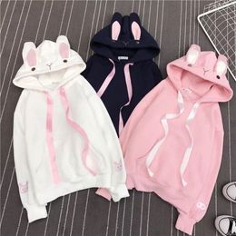 Women's Hoodies Cute cartoon pattern Easter embroidery rabbit ears plus velvet thicken hoodie student girlfriends Colored ribbon drawstring Sweatshirts