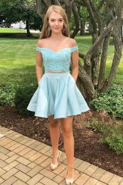 A-line Two Piece Lace Off The Shoulder Short Prom Dresses Beads Sequins Party Gowns Homecoming Dress