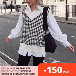 Houndstooth knitted sweater vest women V neck sleeveless oversized pullover vintage Fall winter female waistcoat sweater 210203