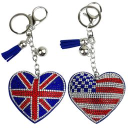 Diamond American Flag Keychain Pendant Heart Keychains Tassel Key Chain Creative Gifts Keyring