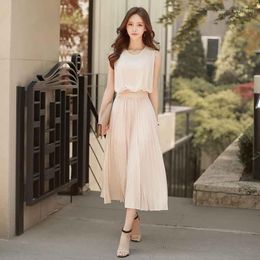 One-Piece Korean Dress 2022 Spring Summer Vintage Sleeveless Pleated High Quality Office Bandage Chiffon Dresses Casual