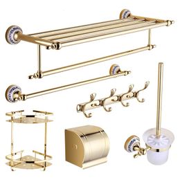 Bath Accessory Set European Gold Ceramic Bathroom Accessories Sets Chrome Hardwares Wall Mounted Brass Qy1Bath