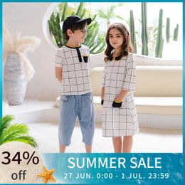 Girl's Dresses Boys Tops Girls Kid Baby Dress Plaid Teen Spring Summer Children Cotton Clothes Brother And Sister 2 To 14Y #7000Girl's