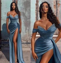 2022 Elegant Off Shoulder Evening Dresses A Line Backless Crystal Split Side High Sexy Evening Prom Gowns