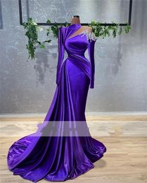 Elegant Purple Veet Mermaid Formal Evening Dresses 2022 O Neck Beaded Plus Size Sleeves Saudi Arabic Long Prom Party Gown 322