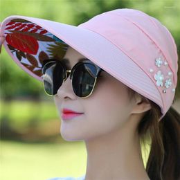 Women Sun Hats Foldable 2022 UV Protection Pearl Visor Hat With Big Heads Wide Brim Female Outdoor Cap Delm22