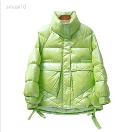 Qingwen New Women Short Winter Korean Bright Colour Down Jacket Stand-Up Collar Loose Thin 90% White Duck Down Oversize Parka L220725