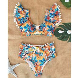 New Sexy Bikinis Women High Waist Swimsuit Push Up Swimwear Flower Print Ruffle Bikini Set Beach Wear Bathing Suit 210319