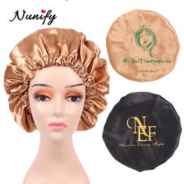 Nunify 20Pcs Custom Satin Bonnet Women Big Size Silk Sleep Night Cap Pink Black Personalised Hair 220608