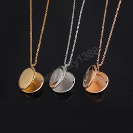 Circular Locket Pendants Necklace For Women Men Openable Photo Frame Glossy Stainless Steel Collar Chain Jewellery