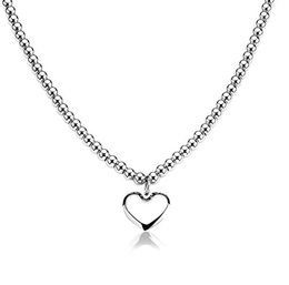 Love Heart Pendant Necklace For Ladies Girls 6mm Silver Bead Chain Stainless Steel Jewelry Bling For Gifts 16-24inch