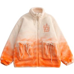 Men Lambswool Fleece Winter Jacket Hip Hop Oversized Bear Embroidered Tie Dye Gradient Parkas Couple Warm Pocket Decoration Coat 220805