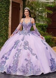 One pcs 2022 Sparkle Sequin Lavender Quinceanera Dresses Ball Gowns Dual Straps With Detachable Sleeves Plus Size Formal Prom Evening Gown For Sweet 15 Girl